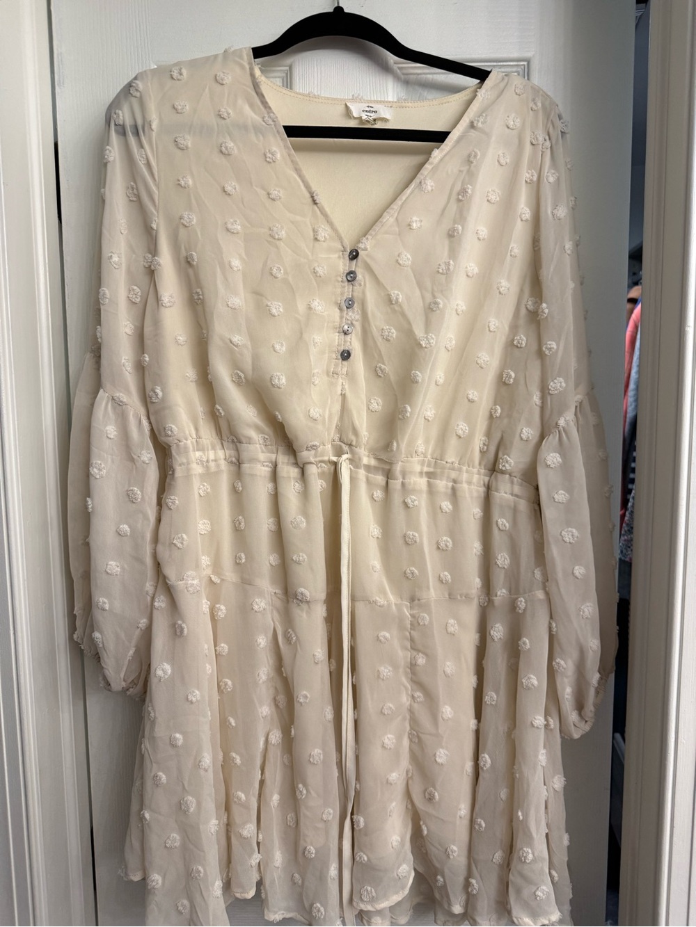 entro Cream Textured Swiss-Dot Midi Dress with Tie Waist